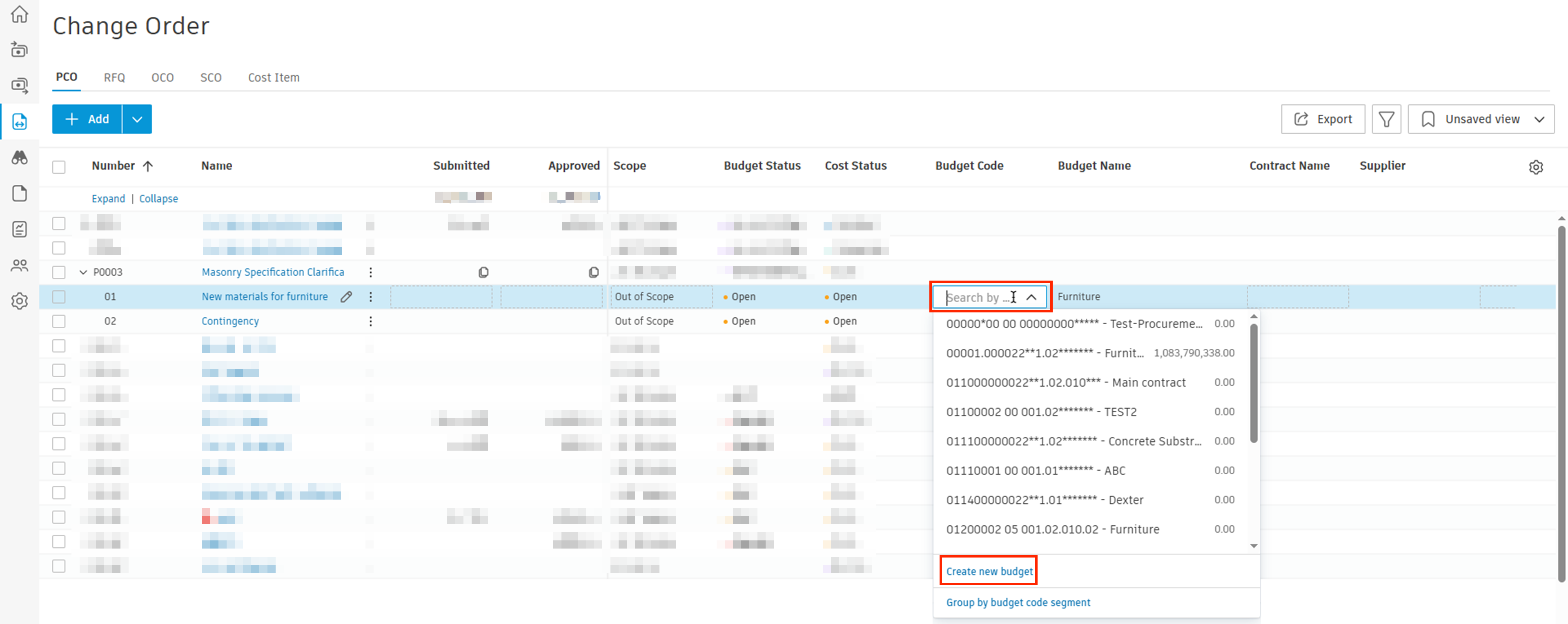 Cost item budget drop-down showing option to create a new budget
