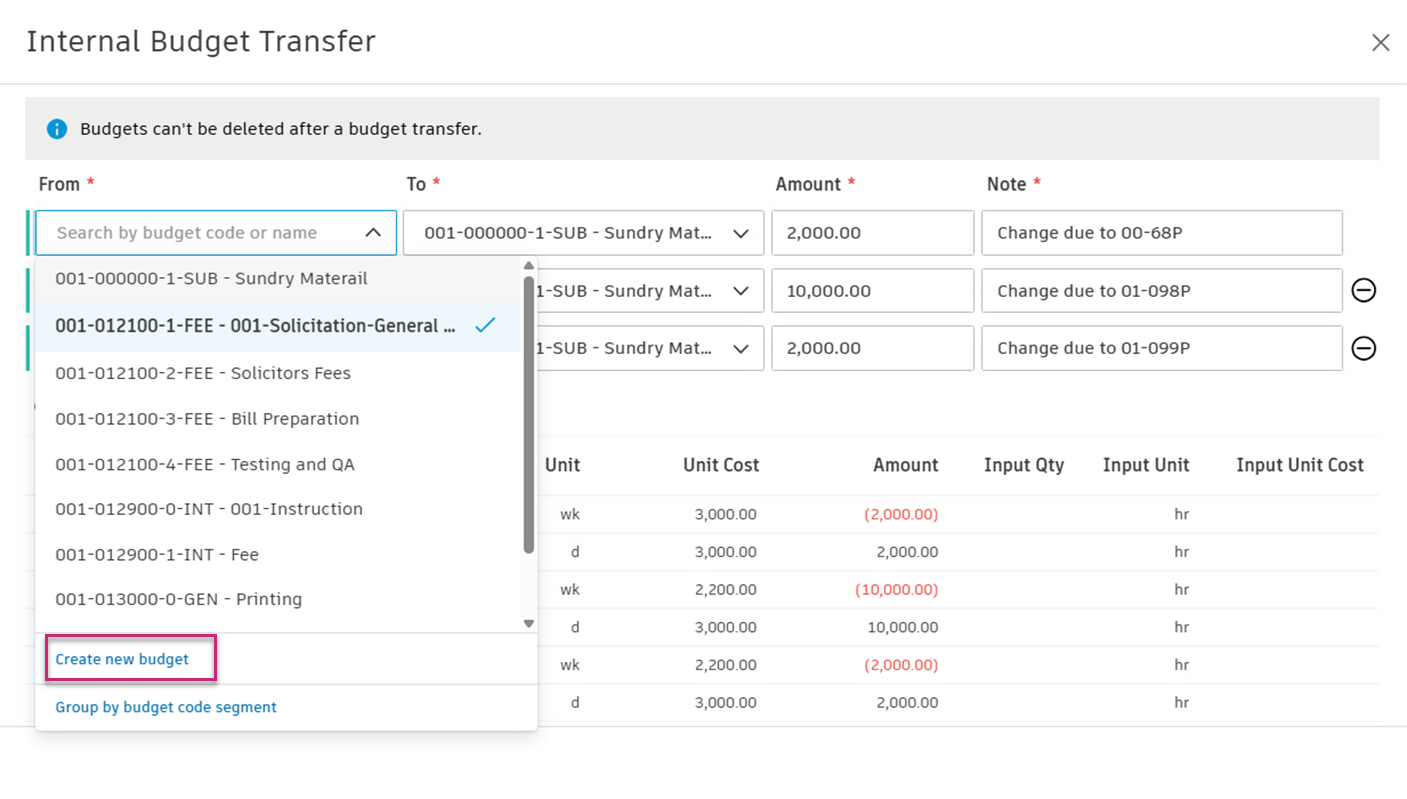 Creating New Budget During Transfer dropdown option