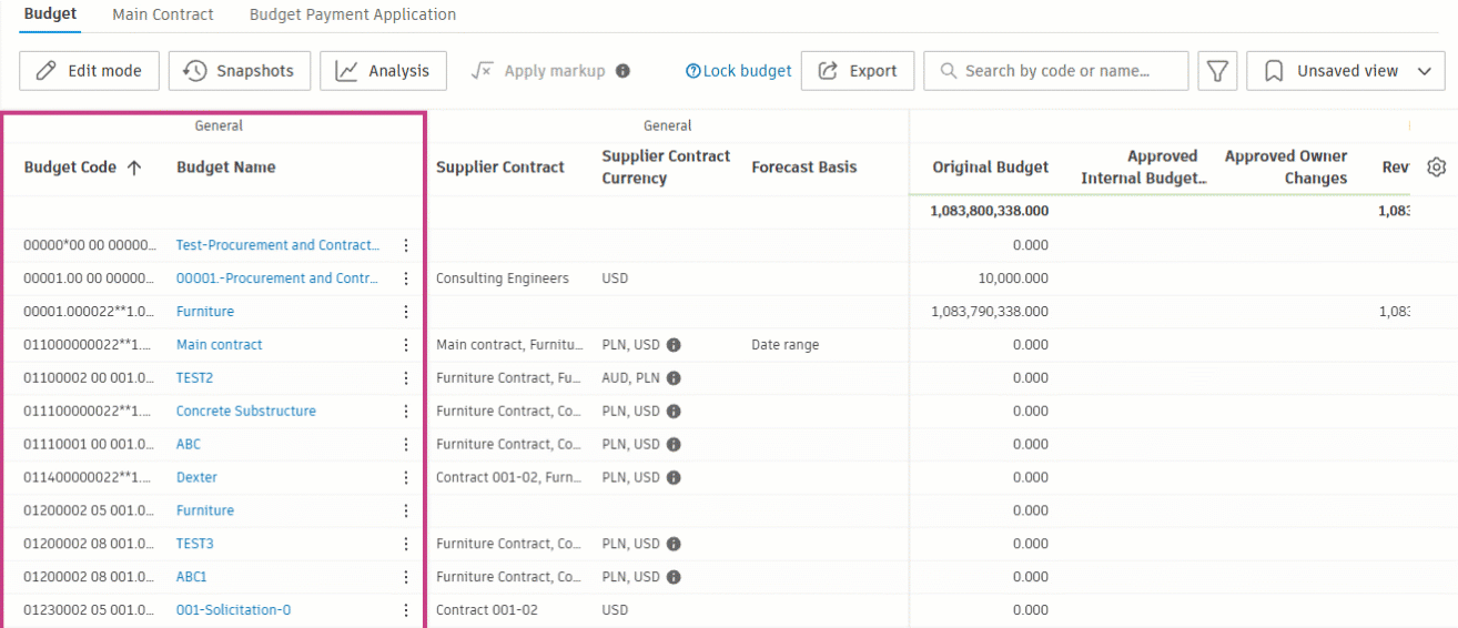 Animation showing how to customise the Budget table columns and layout