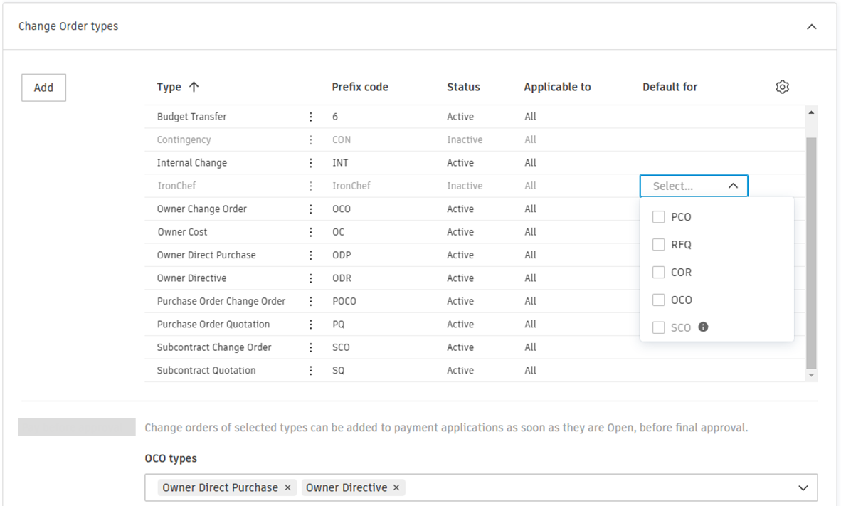 Default change order type configuration