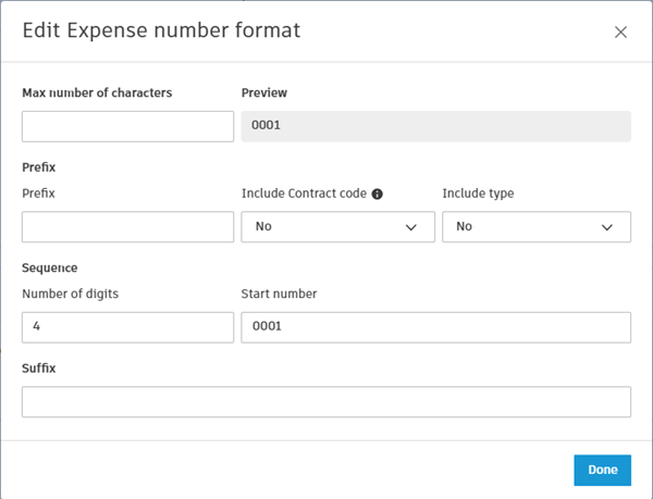 Edit expense number format dialog