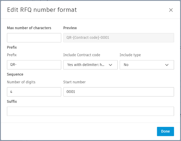 Edit RFQ number format dialog