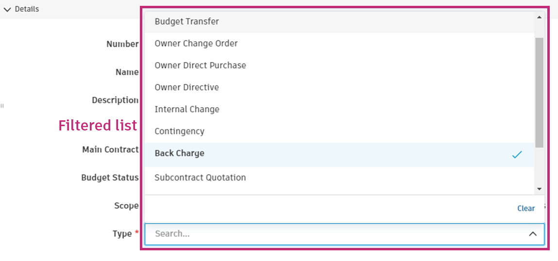 Change order type filtered list