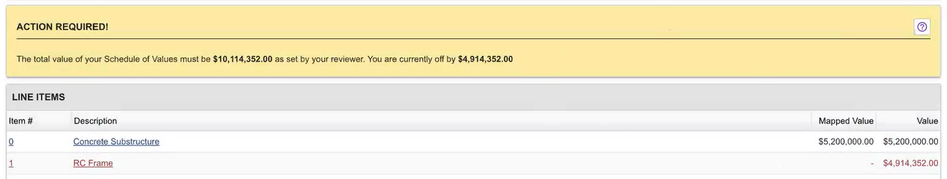 Action required banner showing Schedule of Values discrepancy