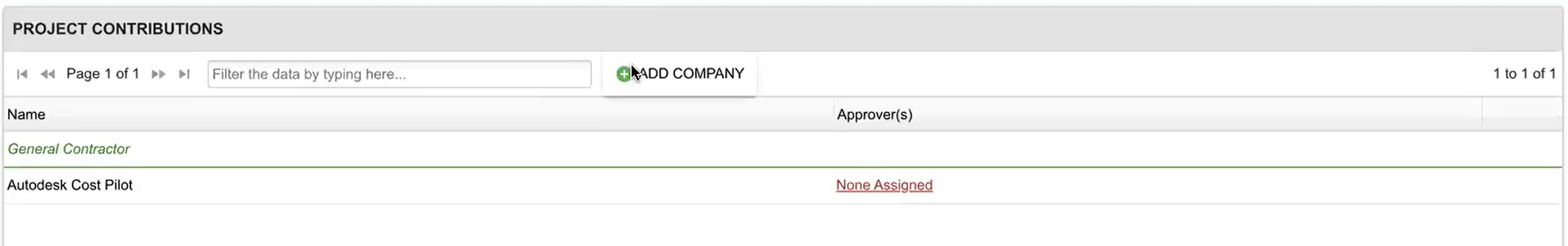 Green plus button to add a company in the Project Contributions section