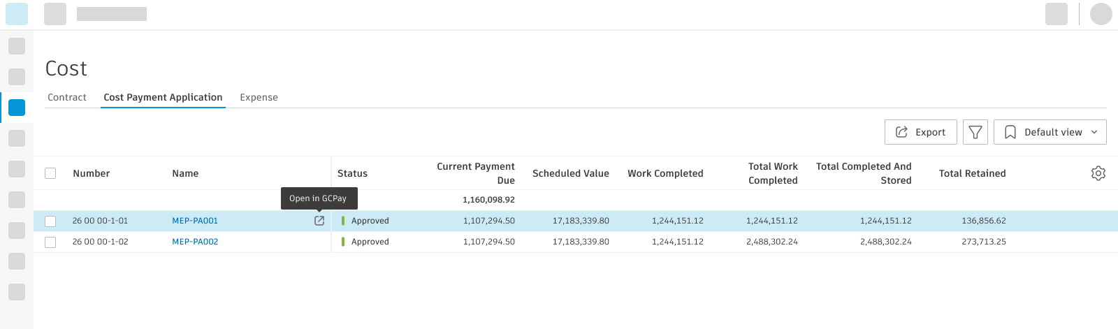 Payment application flyout showing Open in GCPay button