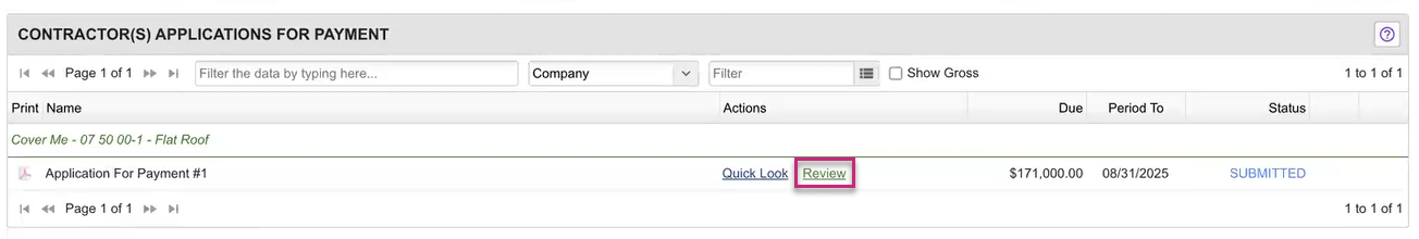 Review interface showing payment application details