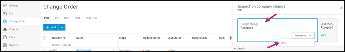 Generate OCO button and interface for creating Owner Change Orders