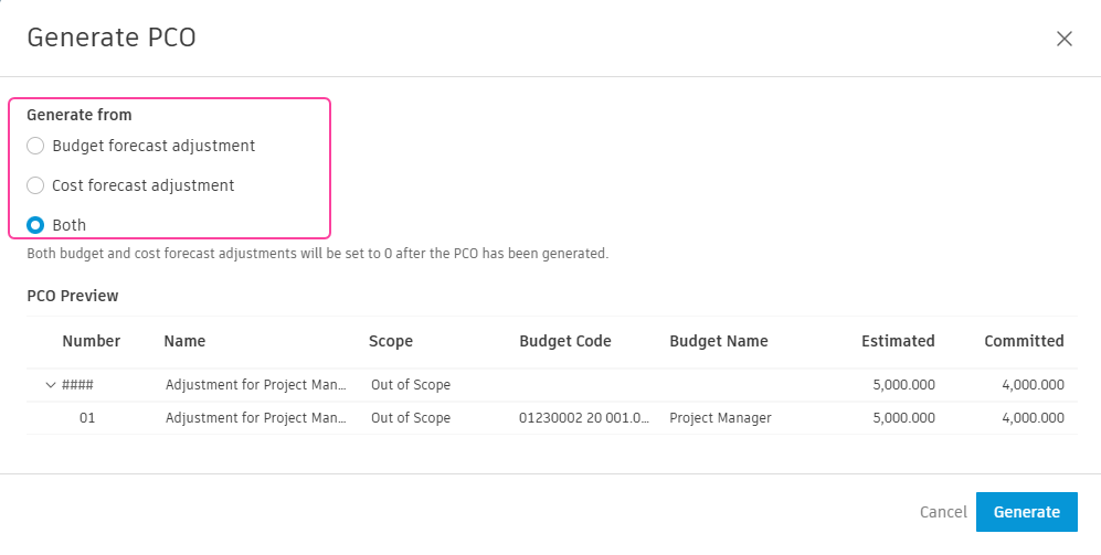Generate a PCO from forecast adjustments