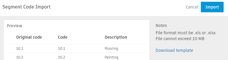 Import button in the Segment Code Import dialog window