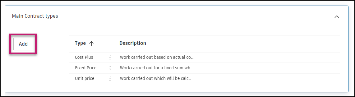 Main Contract Types settings with Add button to create custom contract types