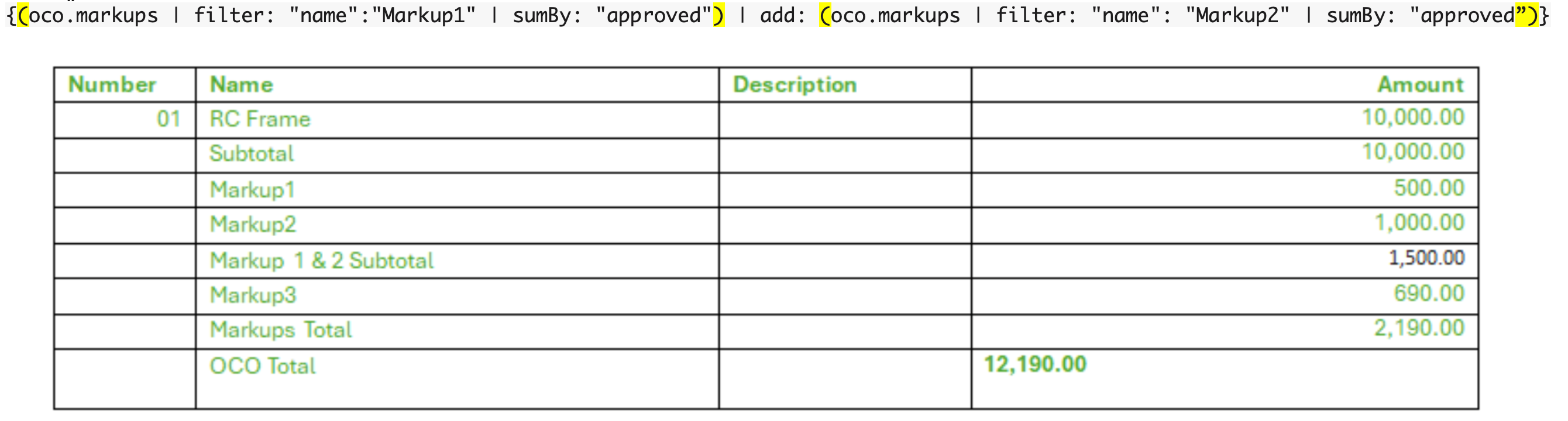 Generated document showing markup subtotal calculation with Markup1, Markup2, and combined Markup 1 & 2 Subtotal row