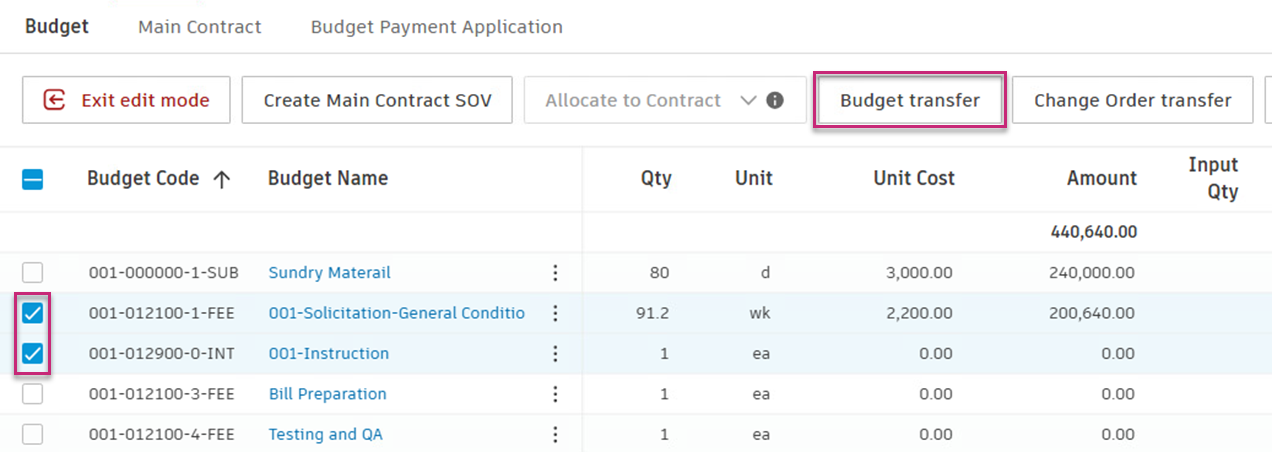 More Items in Budget Transfer dialog showing multiple selected items