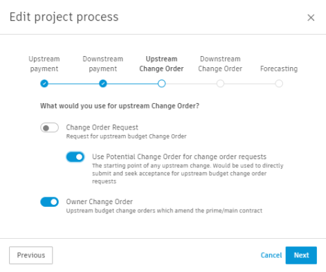 Upstream Change Order section showing PCO as Change Order Request option enabled