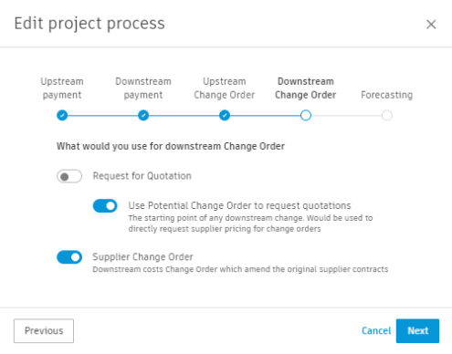 Downstream Change Order section showing PCO as RFQ option enabled