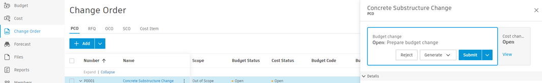 PCO creation interface from the Change Order tab