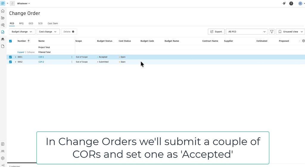 PCO list with COR 1 Accepted and COR 2 Submitted budget statuses