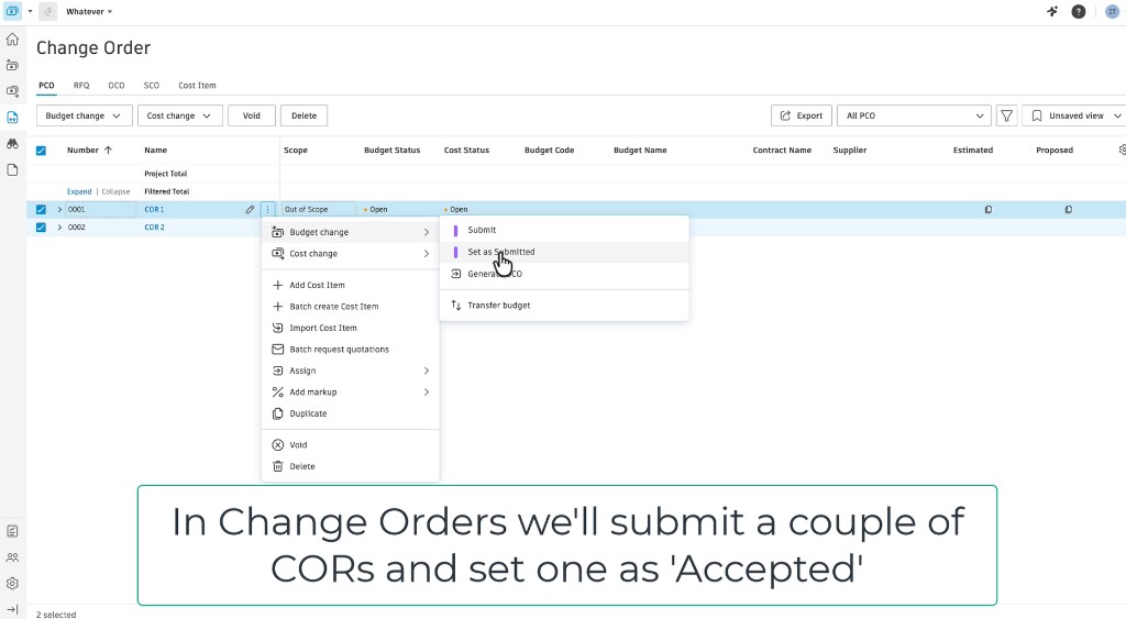 PCO More menu with Budget change and Set as Submitted options