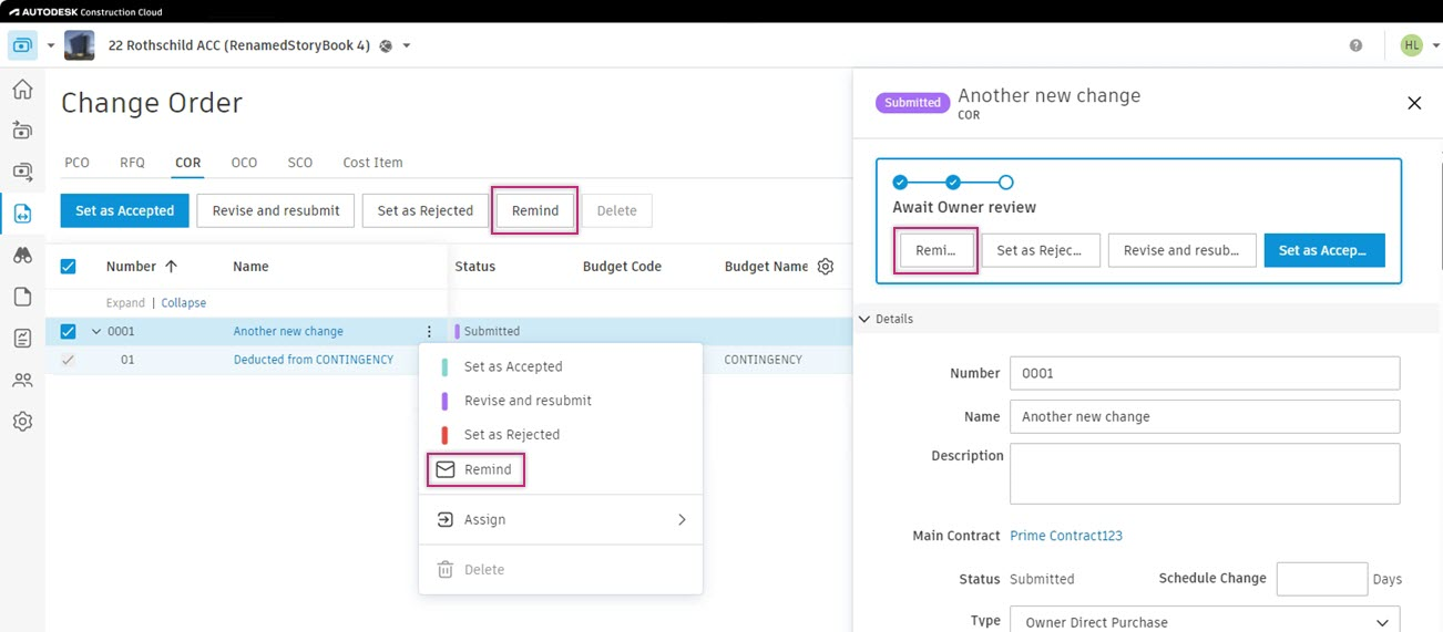 Remind button for sending notifications to suppliers or owners awaiting response