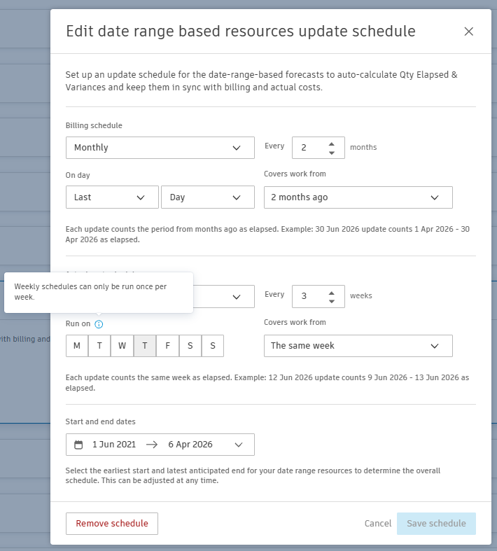 Edit date range based resources update schedule modal with Monthly Billing schedule, Weekly Actual cost schedule, Covers work from controls and Start and end dates picker