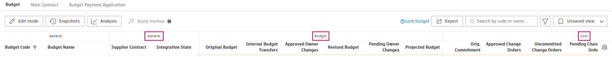 Budget and Contract table sections showing General, Budget, Budget Forecast, Cost, Cost Forecast and Variance columns
