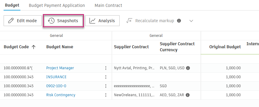 Snapshots button in the budget overview interface