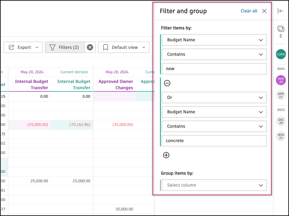 Budget snapshots interface with filters applied to focus on specific data