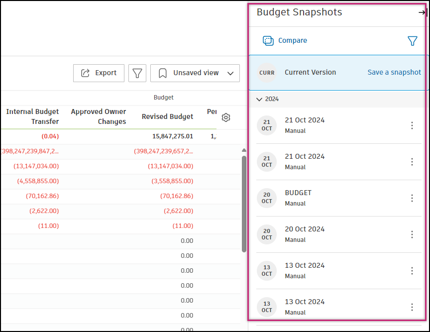 Budget snapshots flyout panel showing current version and saved snapshots