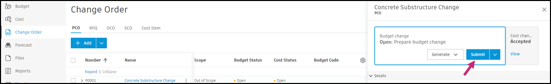 Submit Budget Change dialog window for entering submitted values