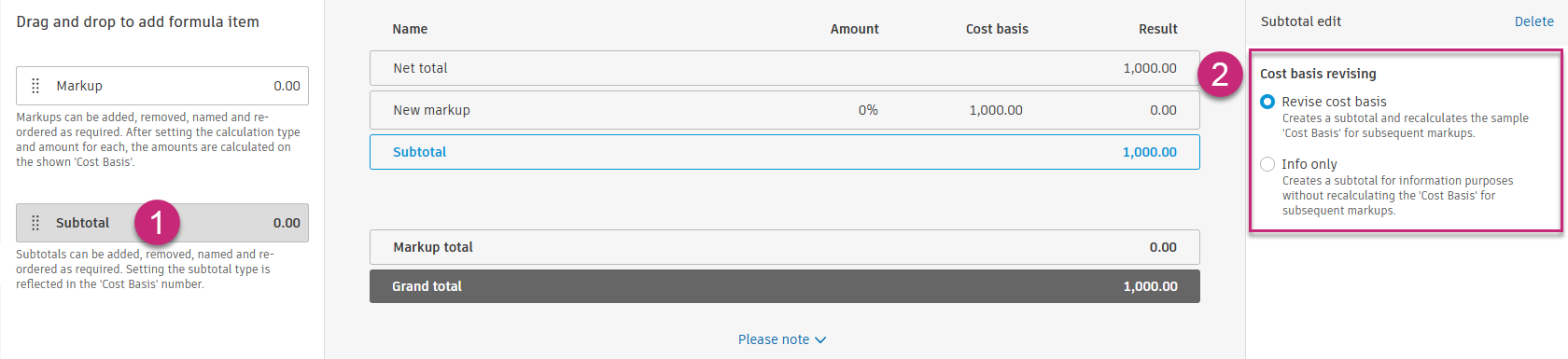 Subtotal setting options