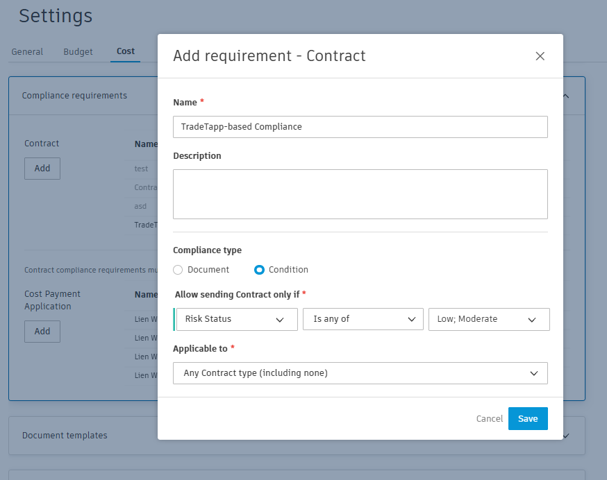 Add Requirement dialog showing a Risk Status condition with values selected from the TradeTapp category