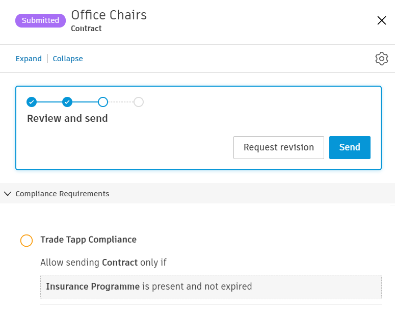 TradeTapp Compliance rule shown in the Compliance Requirements section of the contract flyout