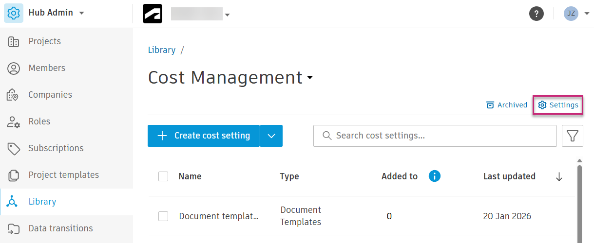 Cost Management in Library showing Settings button