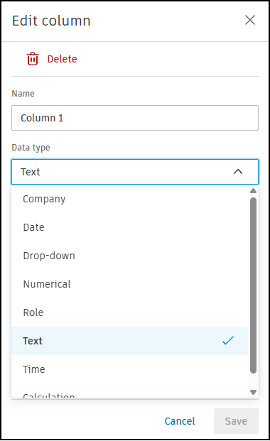 Configure table column