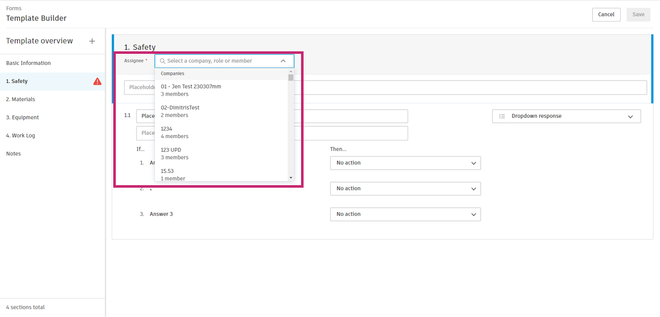 Select section assignee