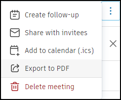 Export to PDF interface showing meeting export options