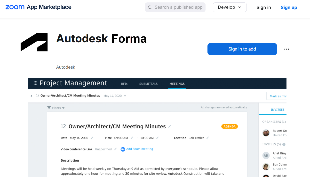 Zoom Marketplace showing Autodesk Forma app