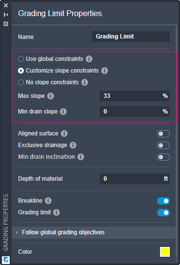 Grading Limit Properties panel