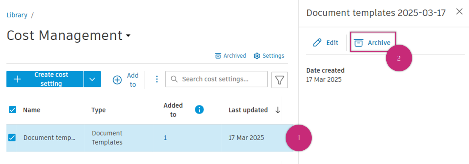Archive Cost Setting