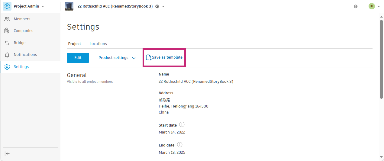 Save as template in Project Admin