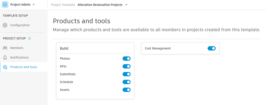 Products and tools settings