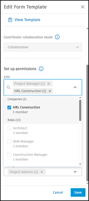 Project form template permissions screenshot