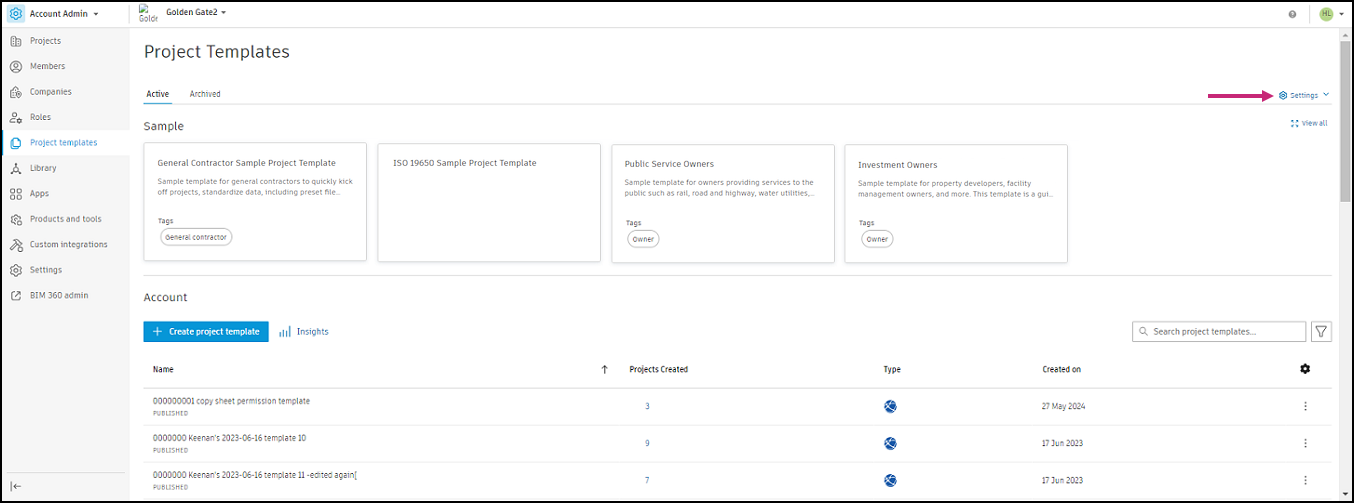 Project template settings