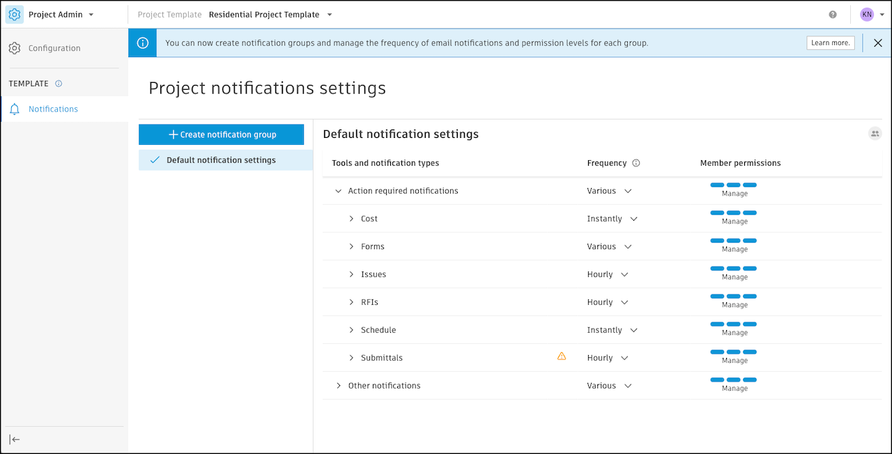 Template default notifications