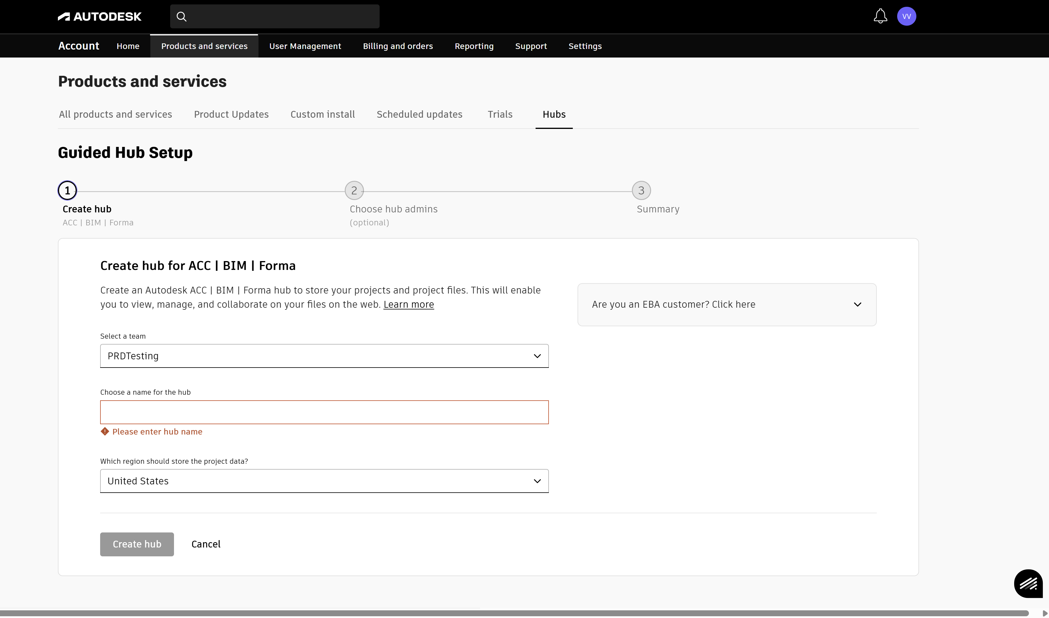 Create Hub Setup Experience Step One