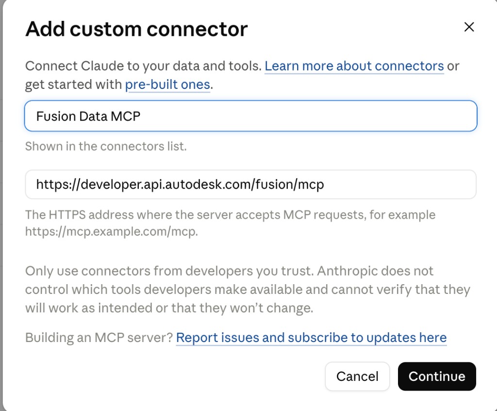 Claude Desktop Add custom connector dialog with the name set to Fusion Data MCP and the server URL entered
