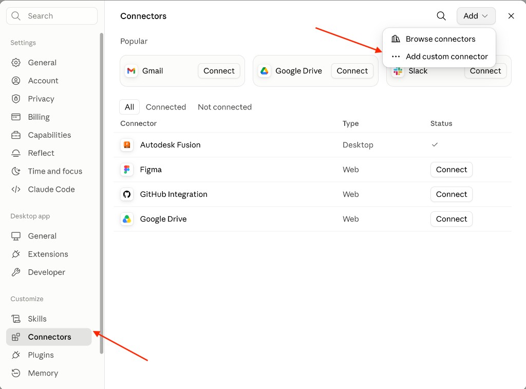 Claude Desktop Settings showing the Connectors page, with the Connectors sidebar entry and the Add custom connector option highlighted