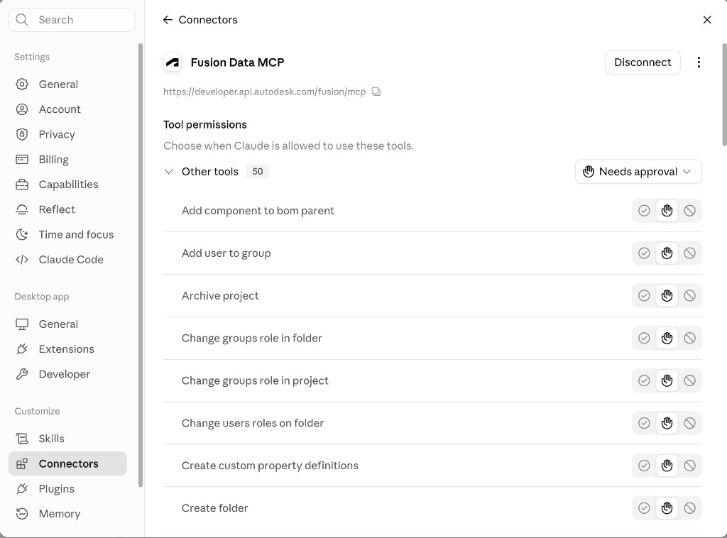 Claude Desktop Fusion Data MCP connector showing the endpoint URL and a populated Tool permissions list