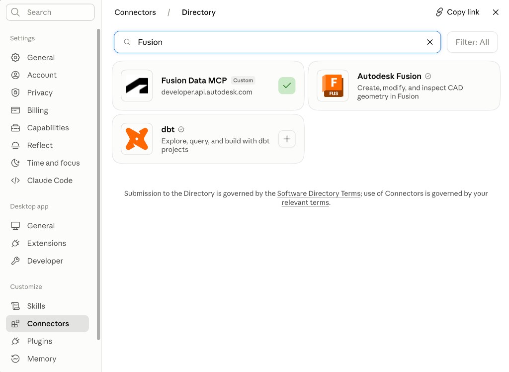 Claude Desktop connector directory searched for Fusion, showing the Autodesk Fusion connector alongside a custom Fusion Data MCP connector