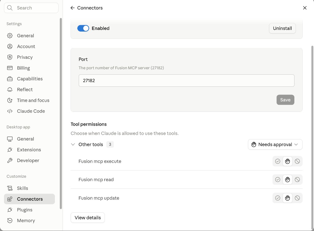 Claude Desktop Autodesk Fusion connector showing the Enabled toggle, the Port field set to 27182, and a populated Tool permissions list